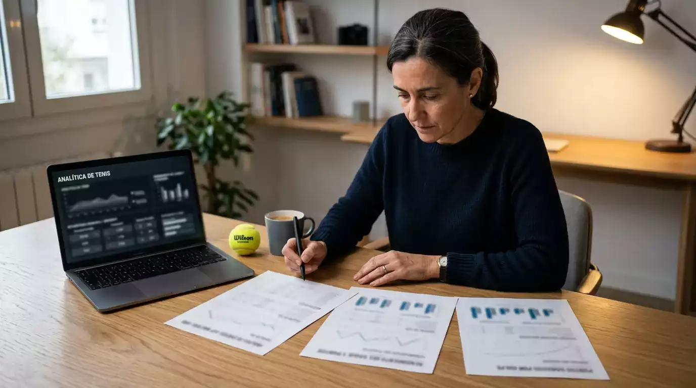 Analista revisando estadísticas previas a un partido del circuito WTA sobre documentos impresos