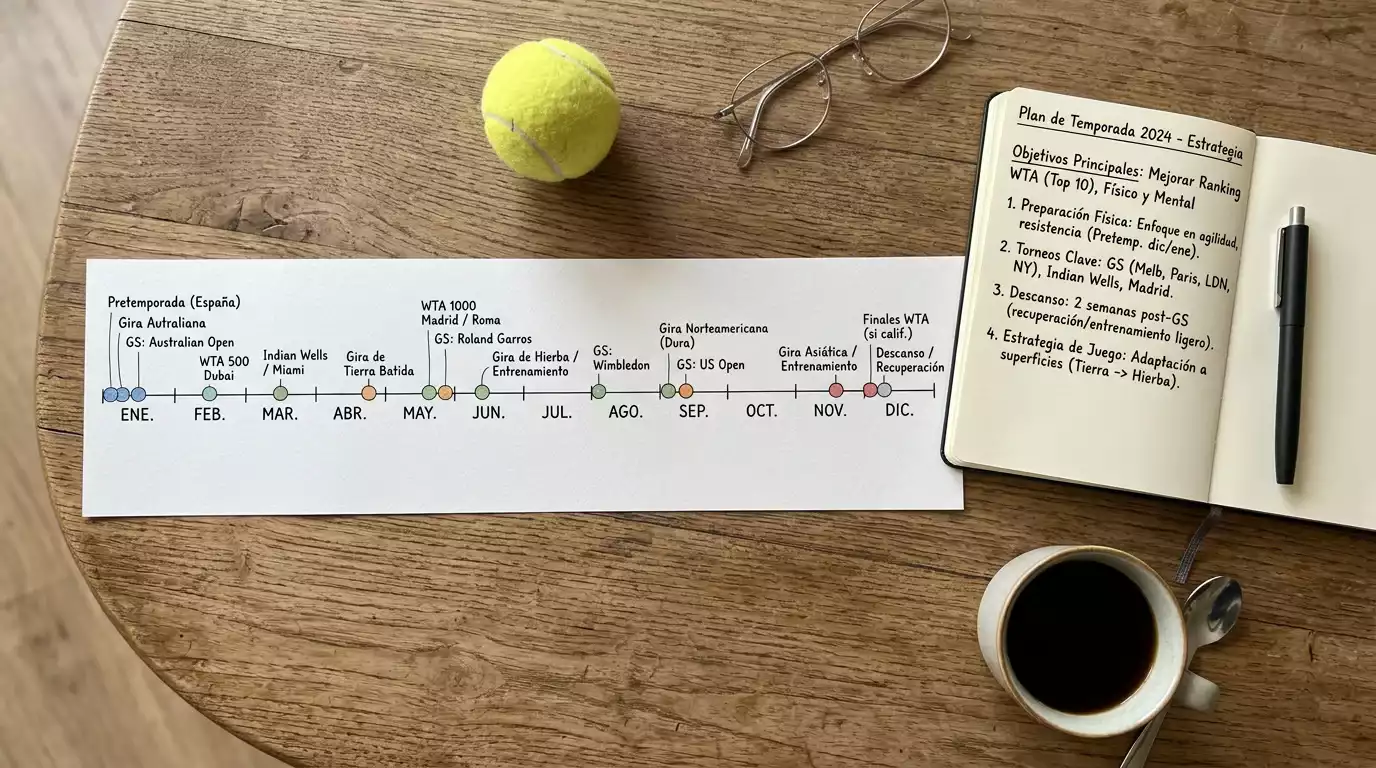 Planificación del calendario del circuito WTA con anotaciones sobre torneos y rondas