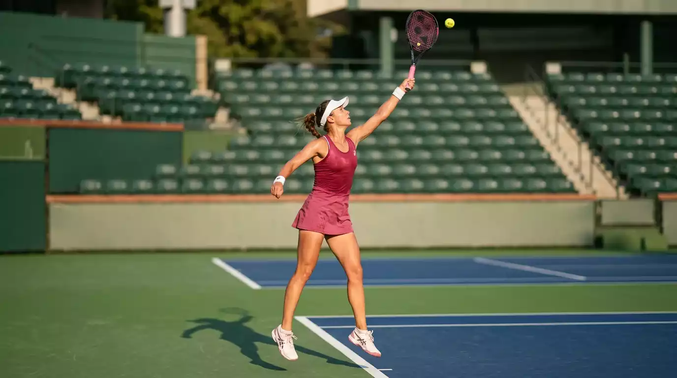 Tenista del circuito WTA golpeando un saque durante un punto de presión en pista dura
