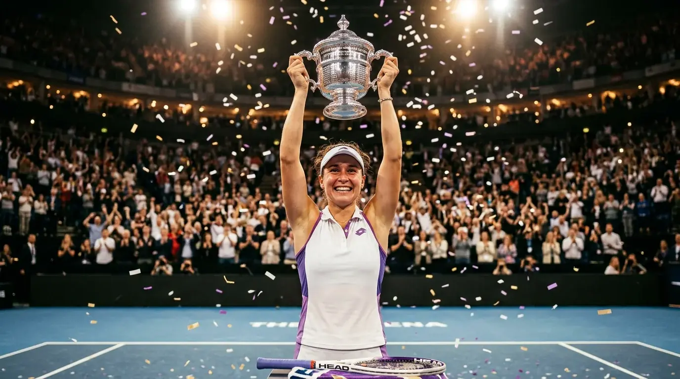 Jugadora del circuito WTA levantando el trofeo tras una final del Hologic WTA Tour